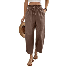 Cropped Linen Wide Leg Pants for Women Summer-Dark Brown XXL