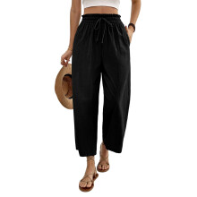 Cropped Linen Wide Leg Pants for Women Summer Casual-Black XXL