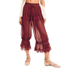 Comfortable Lace Trim Leggings Lace Workout Pants-Burgundy L