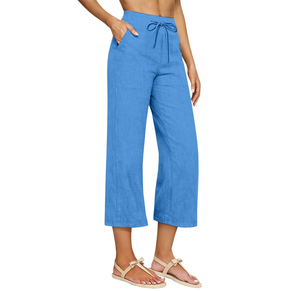 Sky Blue Linen Capri Pants For Women Wide Leg Capris Pant- L