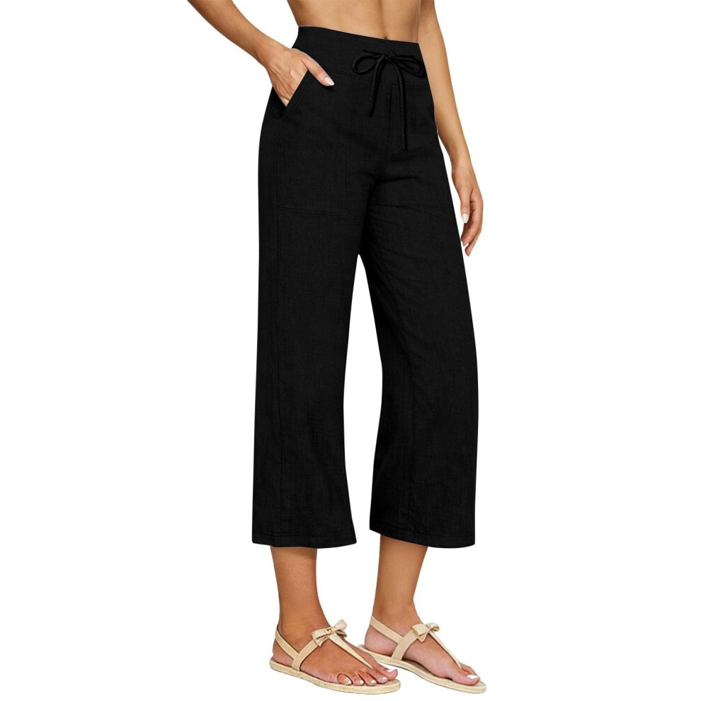 Black Linen Capri Pants For Women Wide Leg Capris Pant- Xl