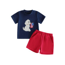 (3-4 Years, Blue) Boys Independence Day Shorts Sets Short Sleeve O Neck Dog Flag Embroidery Tops Red Shorts Outfits