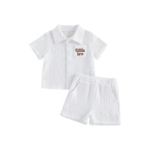 (12-18 Months, White) Toddler Boys Summer Outfits Letter Embroidery Pocket Turn Down Collar Short Sleeve Shirts Elastic Waist Shorts 2Pcs Clothes Set