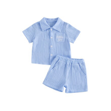 (0-6 Months, Sky Blue) Toddler Boys Summer Outfits Letter Embroidery Pocket Turn Down Collar Short Sleeve Shirts Elastic Waist Shorts 2Pcs Clothes Set