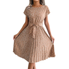 Women's Casual Layered  Dress, Short-Sleeved Tie-Waist-Brown S