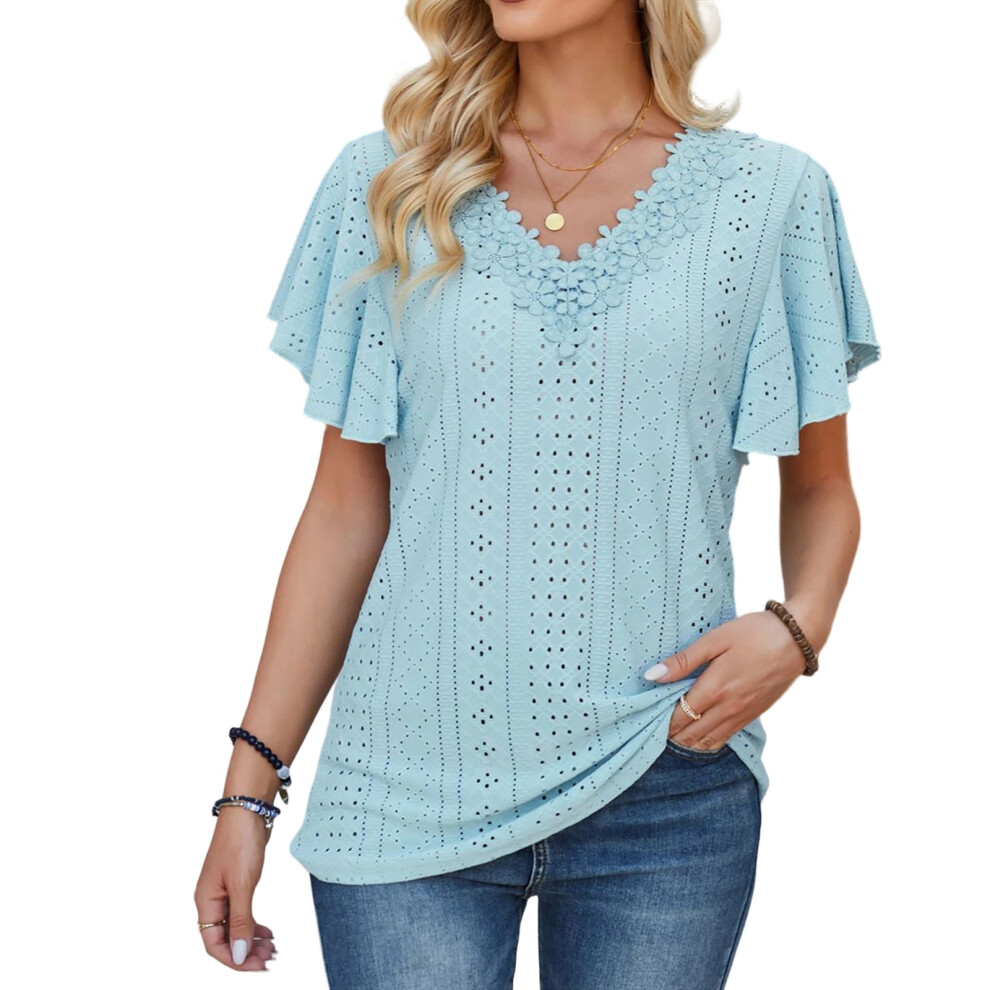 Blue Floral Lace Blouses For Women Dressy Casual Summer Tops- M