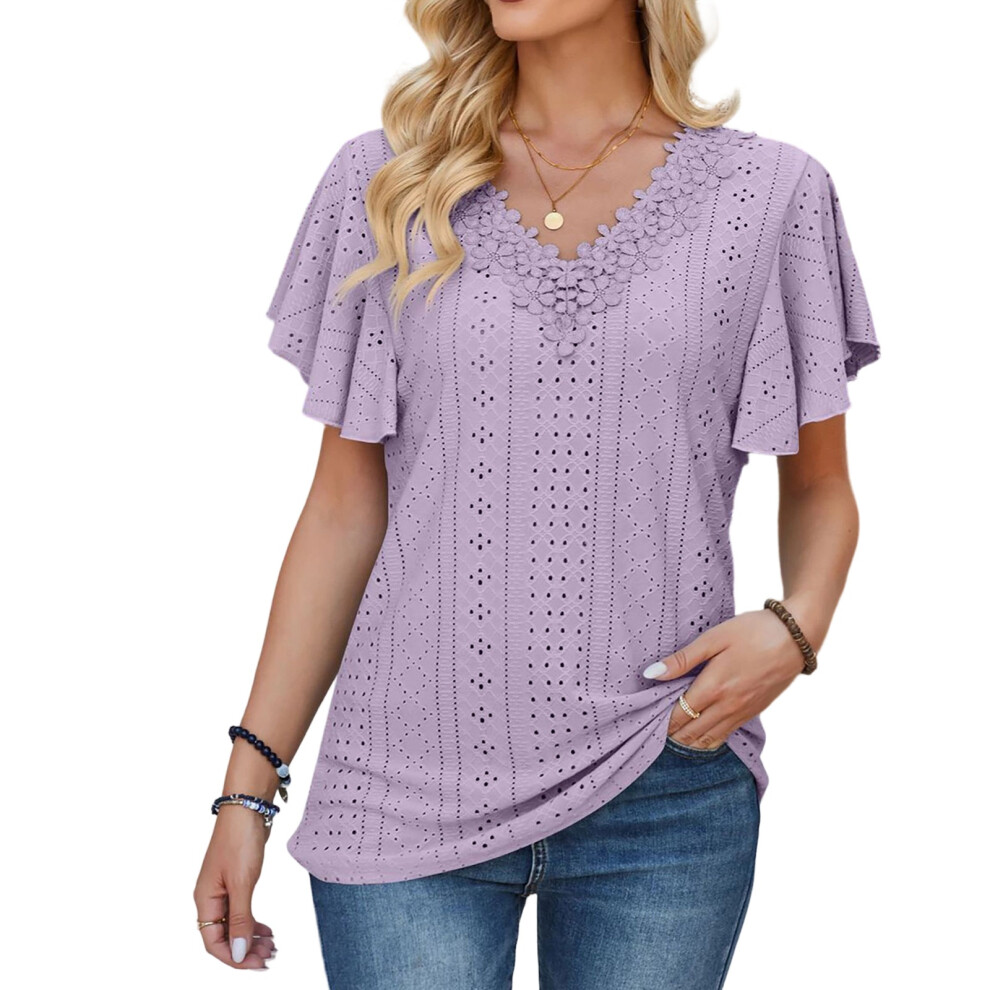 Purple Floral Lace Blouses For Women Dressy Casual Summer- M
