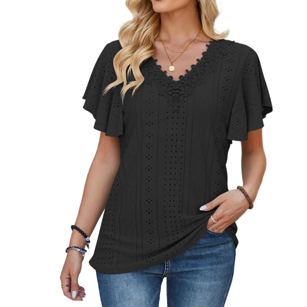 Black Floral Lace Blouses For Women Dressy Casual Summer- Xl