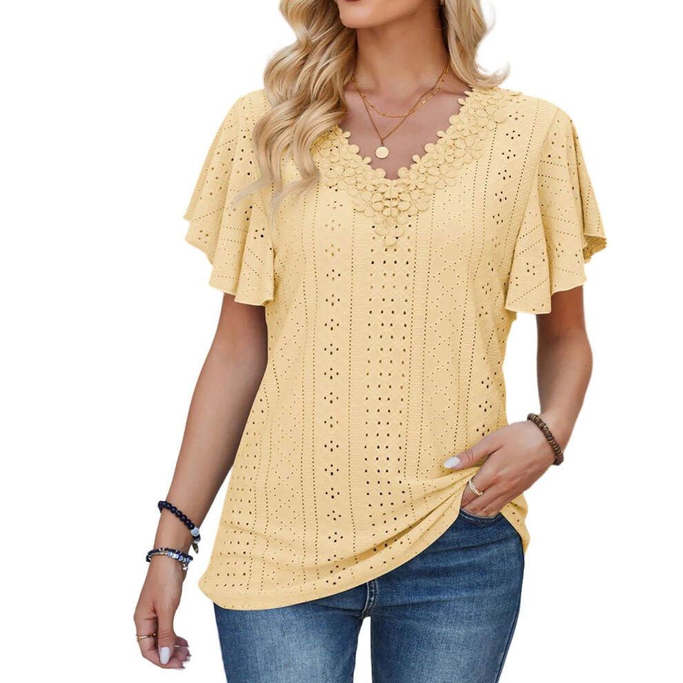 Yellow Floral Lace Blouses For Women Dressy Casual Summer- L