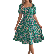Women's Bohemian Square Neck Puff Sleeve Short Sleeve-Green M