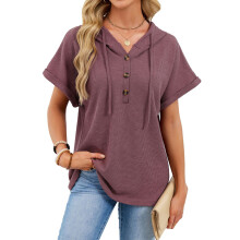 Damen-Strick-T-Shirt, kurzärmeliges Kapuzen-Sweatshirt,-Rot M