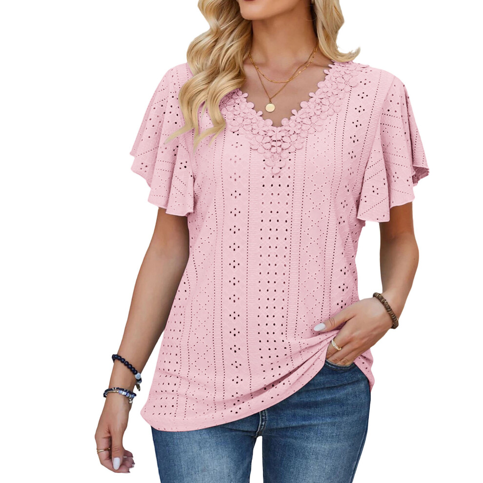 Floral Lace Blouses for Women Dressy Casual Summer Tops-Pink M