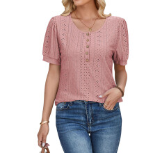 Damen-T-Shirt mit Knopfleiste, Rundhalsausschnitt,-Korallenrot L