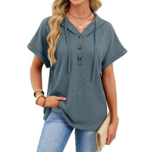 Women's knit T-shirt short-sleeved hooded sweatshirt-Gray S