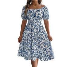 Fashion Flower Print Dress Square Neck Skirt High Waist-Blue L