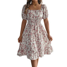 Women's Bohemian Square Neck Puff Sleeve Short Sleeve-White L