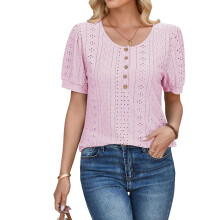 T-shirt ample à manches bouffantes et col rond boutonné-Rose XXL