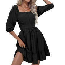 Womens Dresses Square Neck Tie Back Lantern Sleeve-Black L