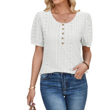 Women's button-down round neck puff sleeve loose color-White XL