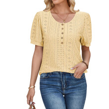 Damen-T-Shirt mit Knopfleiste und Rundhalsausschnitt-Gelbes L