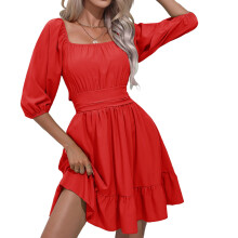 Womens Dresses Square Neck Tie Back Lantern Sleeve Ruffle-Red S