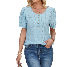 Damen-T-Shirt mit Knopfleiste und Rundhalsausschnitt und-Blau L
