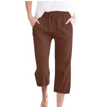 Women's cotton and linen casual straight wide-leg-Coffee M
