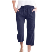 Women's cotton and linen casual straight wide-leg-Navy Blue M