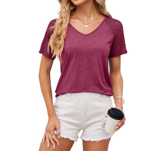 Women's Lace Short Sleeve V  Shirt Loose Casual -Fuchsia XXL