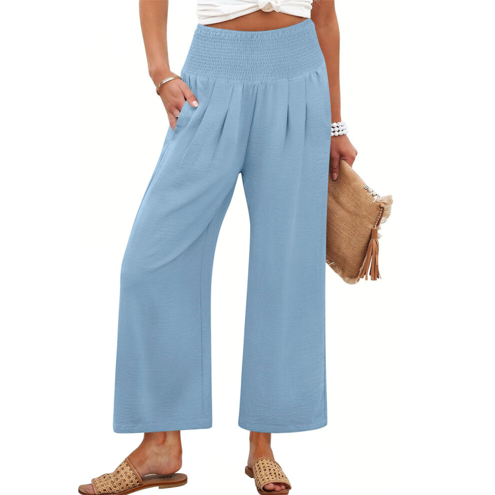 Women's cotton and linen casual straight wide-leg-Sky Blue XXL