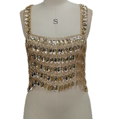 Multi Layer Sparkly Crystal Crop Tank Top for-light gold os 2