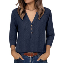 Damen-T-Shirts, halbe Ärmel, V-Ausschnitt,-Marineblau S