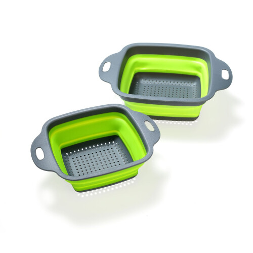 (Green Large Square) Collapsible Silicone Strainer Set: Foldable Kitchen Basket for Easy Storage