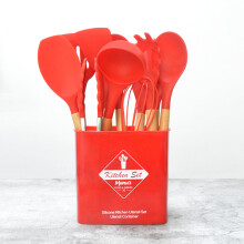 (Red) 13-Piece Wooden Handle Silicone Kitchen Utensil Set, Heat-Resistant Cooking Spatulas & Spoons, Non-Stick Pan Safe Kitchen Tools