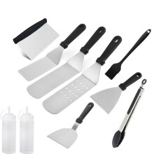 (Ten-piece set) Stainless Steel BBQ Set: Grill Fork, Spatula & Iron Plate