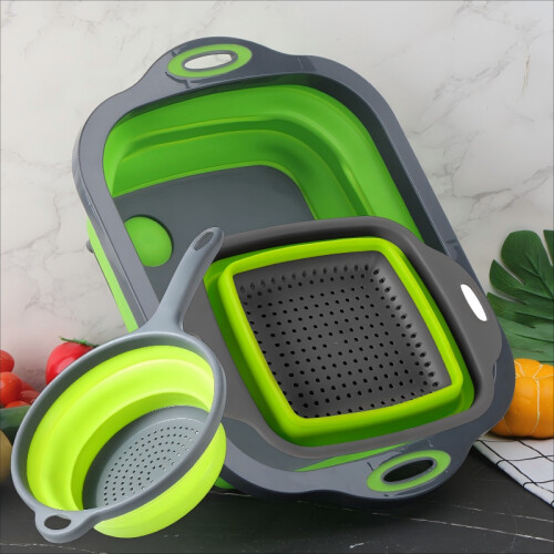 (Three-Piece Set A Series) Foldable Kitchen Sink Basket Set, Expandable Drain & Fruit Storage, Camping Tool