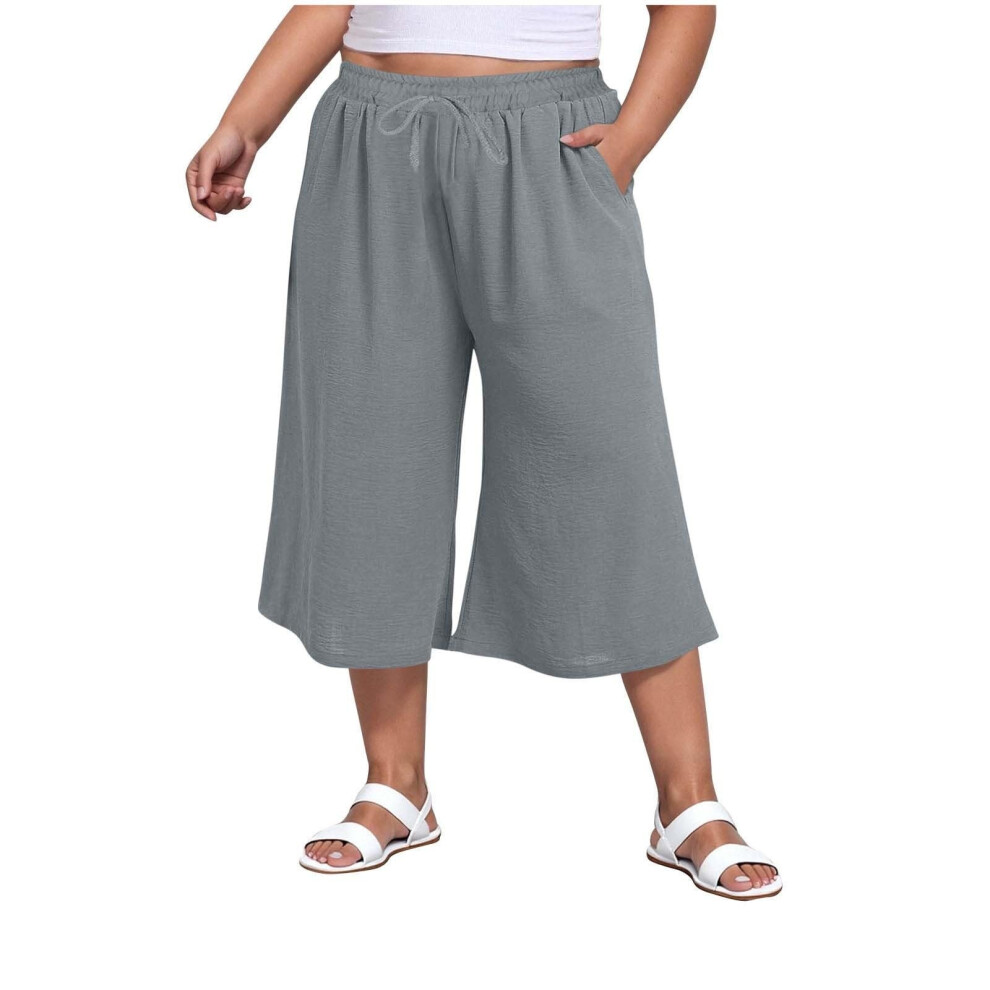 Gray Women Wide Leg Pants High Waist Drawstring Casual- Xxxl