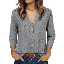 Damen-T-Shirts, halbe Ärmel, V-Ausschnitt, Baumwolle und-Gray M