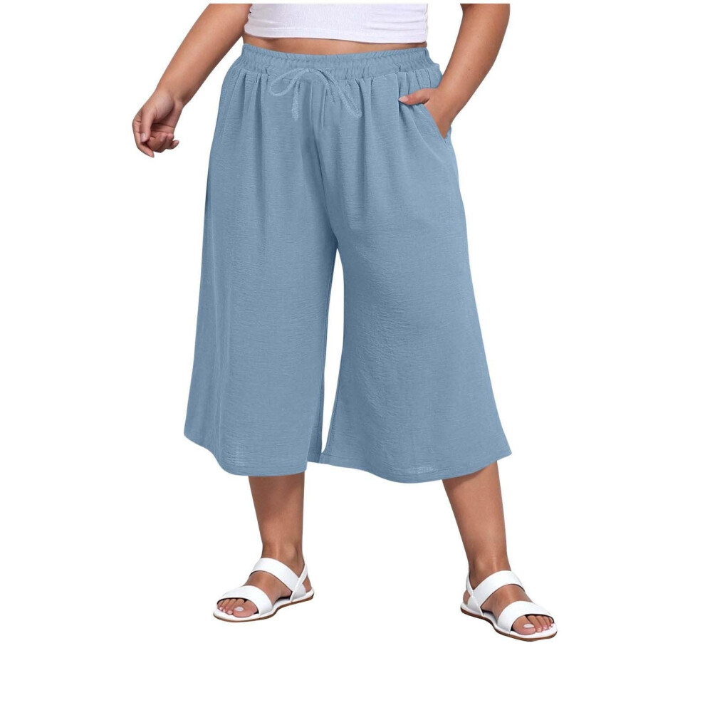 Light/Blue Women Wide Leg Pants High Waist Drawstring- Xxxl