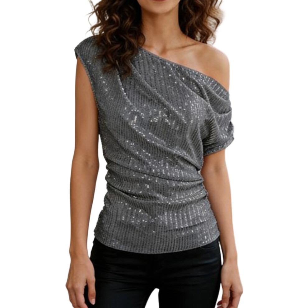 Gray Women Off Shoulder Sequins Top Sparkly Glitter Shirt- Xl