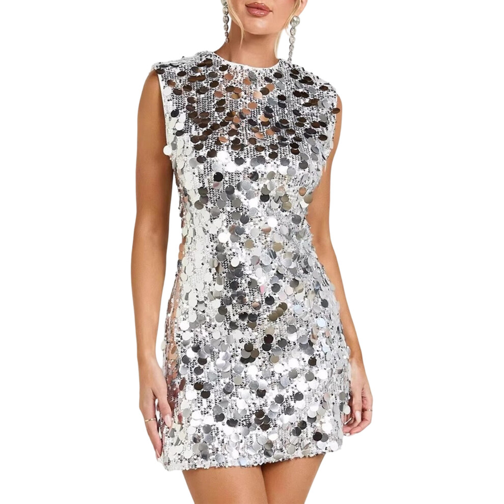 Silver Sequins Bodycon Mini Dress Party Club Cocktail Dresses- S