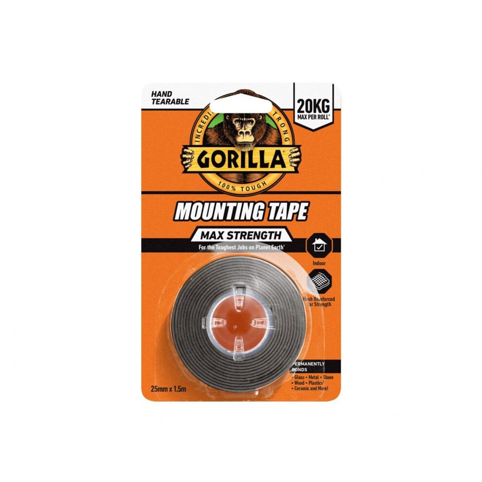Gorilla Glue Max Strength Indoor Mounting Tape 25Mm X 1.5M Black 5063918993449