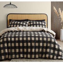 Catherine Lansfield Cosy Borg Check Duvet Cover Double Quilt Bedding Set Black