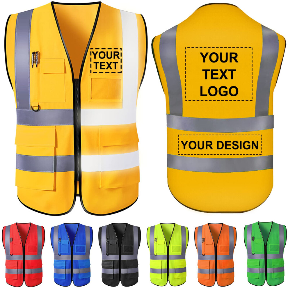 Custom Safety Vest With Pockets And Zipper, Visibility Reflective Work Vest With Printing, Yellow 9073542084471