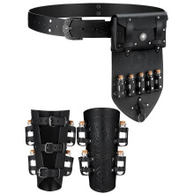 Medieval Leather Belt Set with Viking Waist Pouch Bracers and Potion Bottles, Black Renaissance Costume Accessories