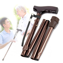 Foldable Walking Stick for Elderly, Adjustable Lightweight Aluminum Cane with Ergonomic Wood Handle, Brown 79.5‑87cm
