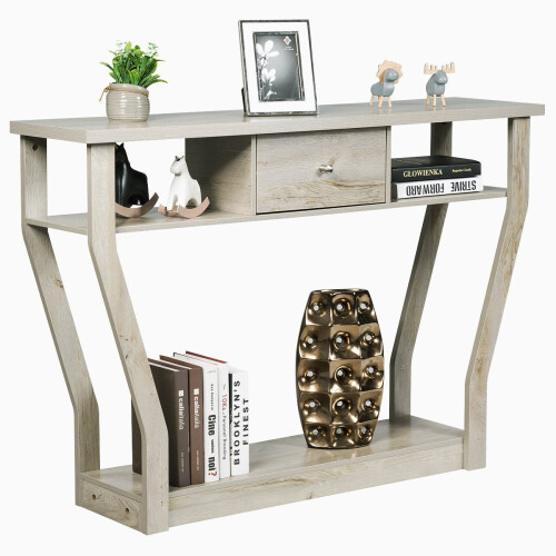 Mesa de console com gaveta e prateleira, 120x30x81 cm, cinza 1