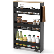 4-laags rollende houten opbergwagen met handvat, zwart/natuur