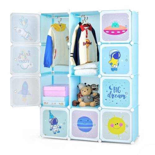 Guarda-roupa infantil com 2 seções suspensas e 12 cubos, azul