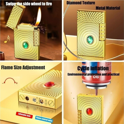 Vintage Metal Butane Lighter Gold1, Refillable Windproof Soft Flame for Men, Adjustable Slide Ignition 2